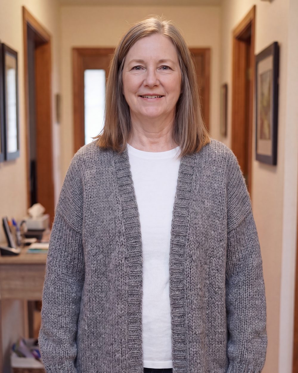 Woman in a baggy old cardigan