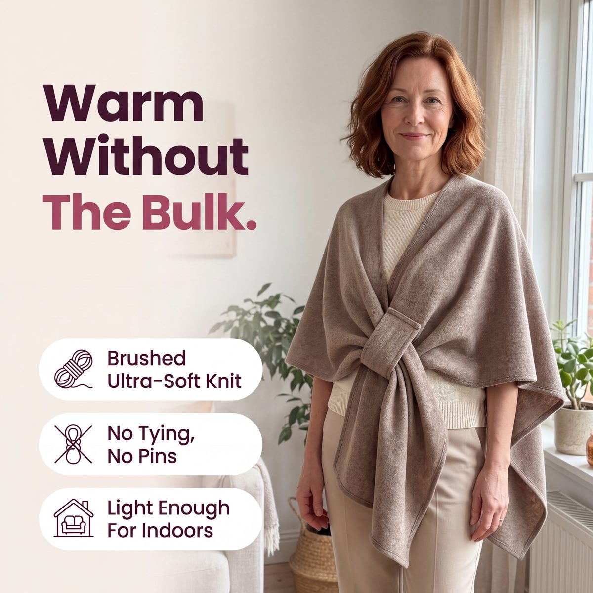 Limosia Cozy Loop Poncho Wrap – Warm without the bulk: brushed ultra-soft knit, no tying, light enough for indoors