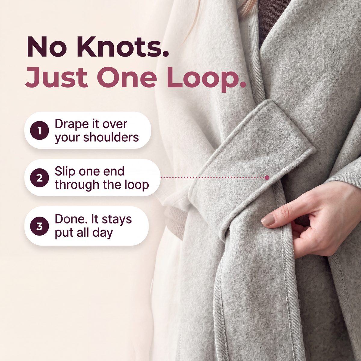 Limosia Cozy Loop Poncho Wrap – How it works: drape it, slip one end through the sewn-in loop, done