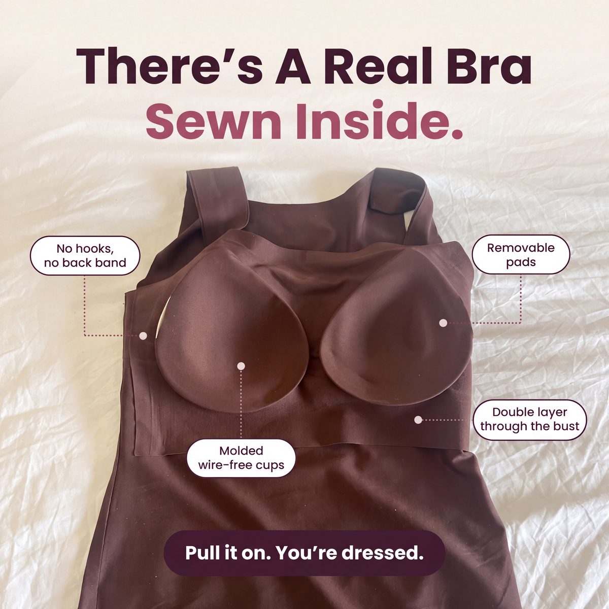 Limosia Sculpt Tank with Built-In Bra – Inside view: real bra with molded wire-free cups, double layer through the bust, no hooks, no back band