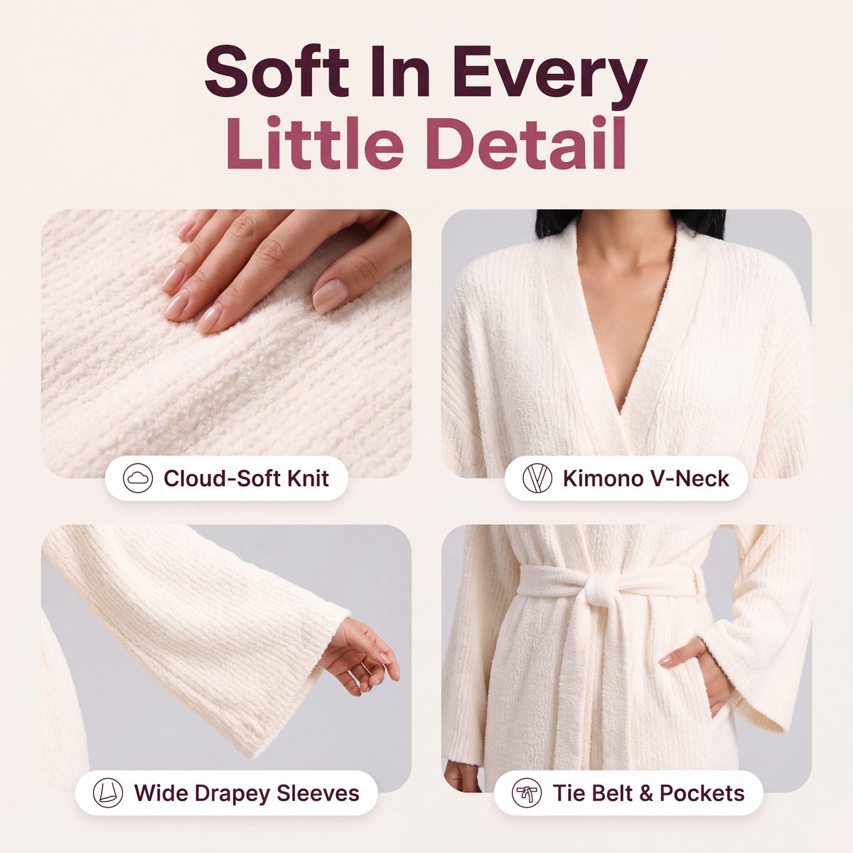 Limosia Cozy Plush Robe – Cloud-soft knit, kimono V-neck, wide drapey sleeves, tie belt and pockets