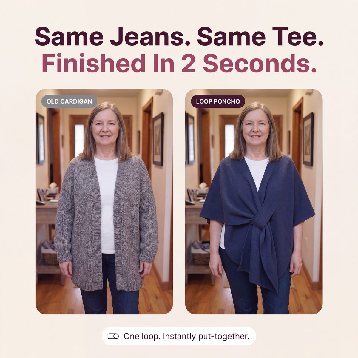 Limosia Cozy Loop Poncho Wrap – Same jeans, same tee, finished in 2 seconds: old cardigan vs loop poncho