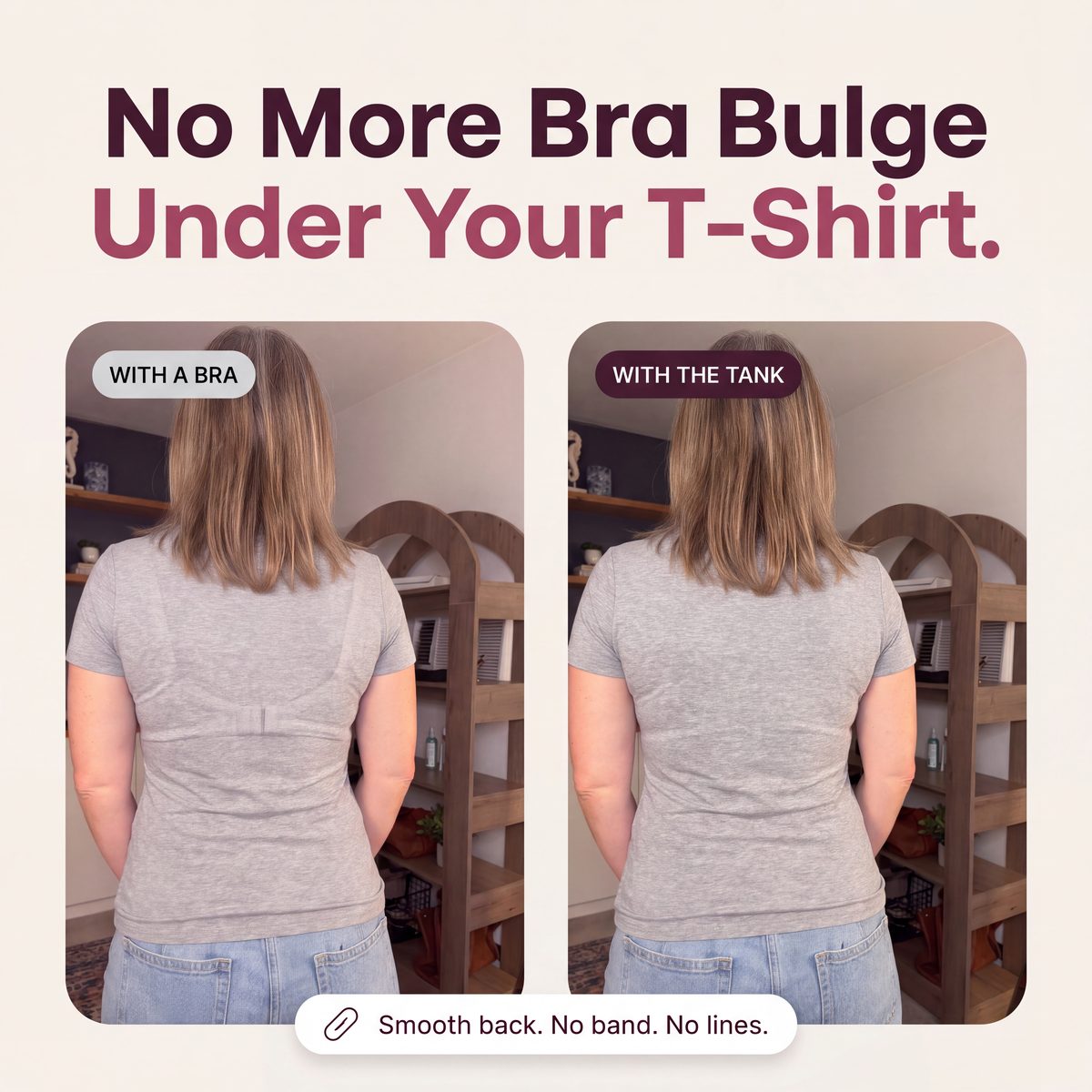 Limosia Sculpt Tank with Built-In Bra – No bra bulge under your T-shirt: with a bra vs with the tank