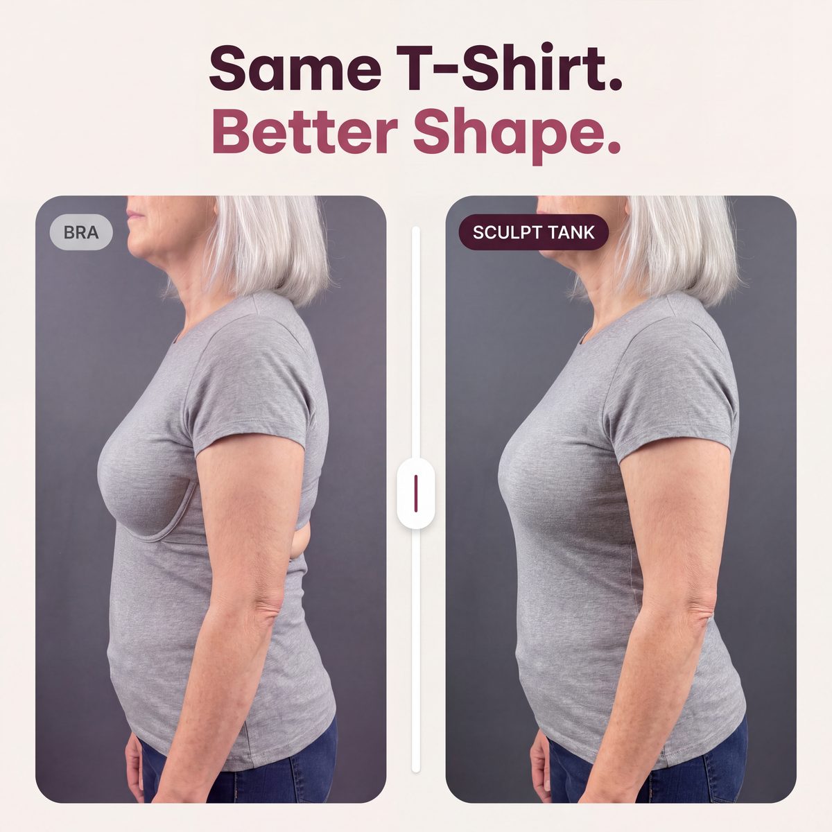Limosia Sculpt Tank with Built-In Bra – Same T-shirt, side view: ordinary bra vs the Sculpt Tank, bust lifted and smooth