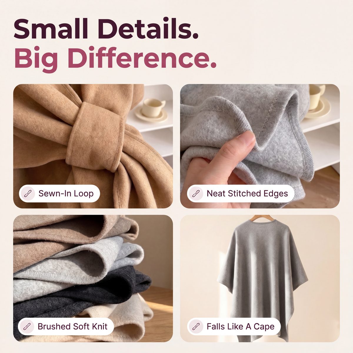 Limosia Cozy Loop Poncho Wrap – Details: sewn-in loop, neat stitched edges, brushed soft knit, falls like a cape