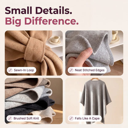 Limosia Cozy Loop Poncho Wrap – Details: sewn-in loop, neat stitched edges, brushed soft knit, falls like a cape