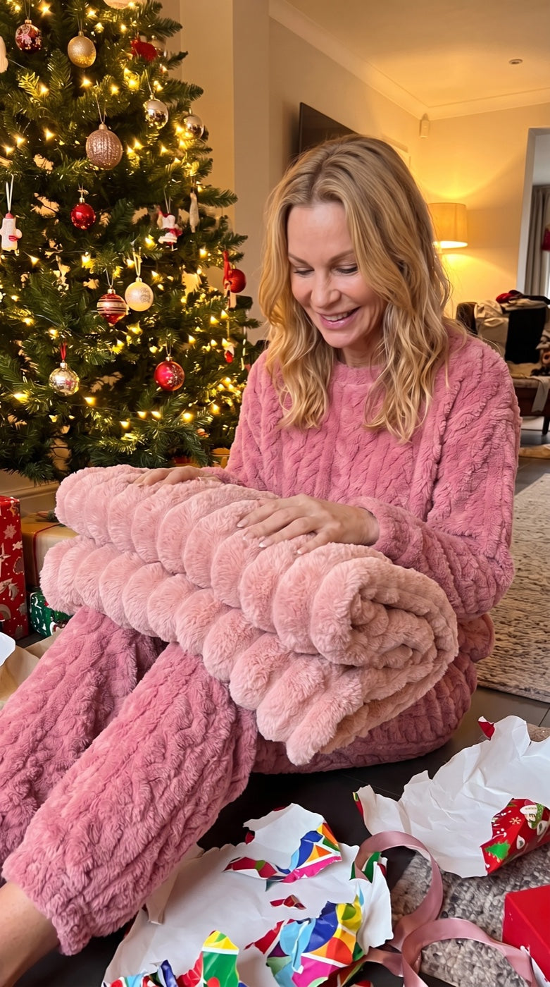 Opening a Blush Pink Cloud Rib Blanket as a gift